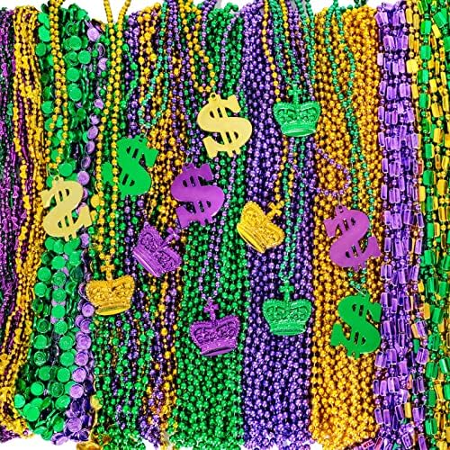 Garma 120 Pcs Metallic Bead Necklaces, Purple Gold Green Mardi Gras Decorations Beads Necklaces for Masquerade Costume Party, Gaysby Themed Party, Costume and Masquerade Parties