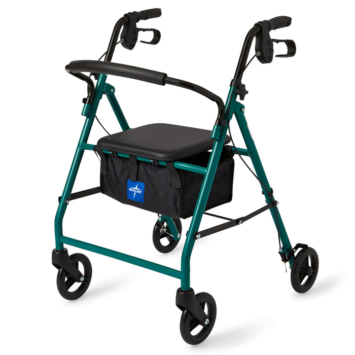 Medline Steel Foldable Adult Transport Rollator Mobility Walker with 6â€ť Wheels, Green