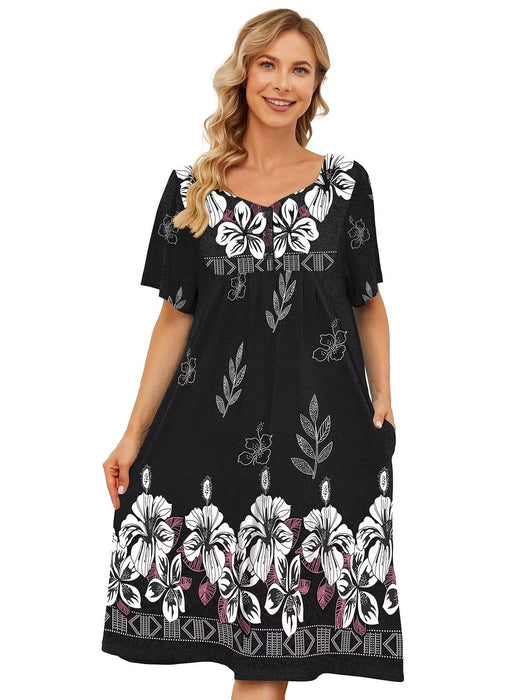 Muumuu Dresses for Women House Dress Nightgowns with Pockets for Elderly Women Momo Dress for Women Nightgowns for Grandma Ladies House Dresses Grandma Night Gown Womens Pajamas Patio Dress Black M