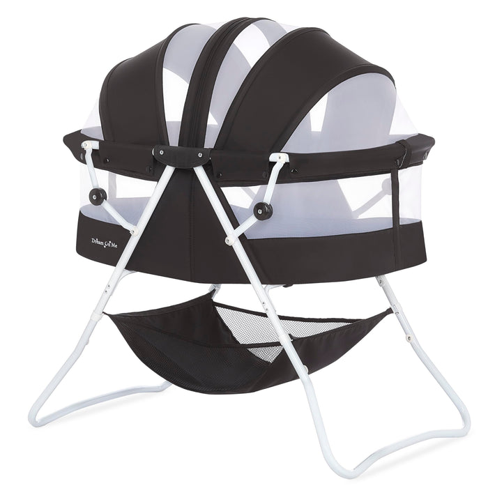 Dream On Me Karley Bassinet, Award Winner Lightweight Travel Baby Bassinet, Foldable Bedside Sleeper, Adjustable Double Canopy, Spacious Design, Soft Fabric, Storage Basket – Black