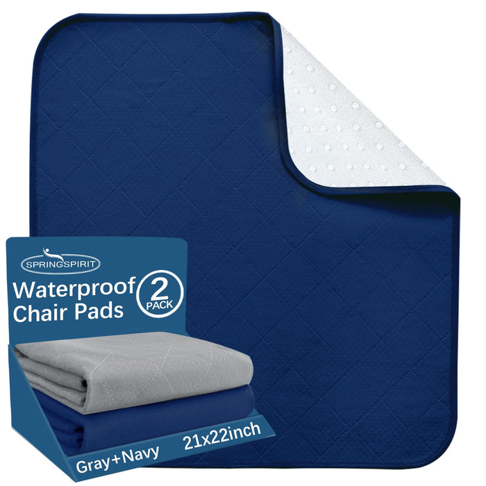 Waterproof Chair Pads for Incontinence Washable 22'' x 21'', 2 Pack Absorbent Seat Protector Pee Pads for Adults, Elderly, Kids, Toddler and Pets, Grey and Navy