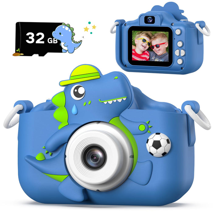 Dinosaur Kids Camera for Boys Girls, Toddler Digital Selfie Camera with Cute Protective Cover and 32G SD Card, Christmas Birthday Gifts Toys for 3 4 5 6 7 8 9 10 11 12 Years Old Little Girls and Boys