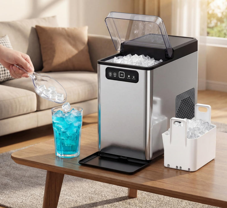 MOMOKOVA Nugget Ice Maker Countertop,Pellet Ice Machine Chewable Ice 40Lbs/Day,Ready in 5 Mins, Self-Cleaning,Compact Crushed Ice Maker with Scoop for Home/Kitchen/Office, Stainless Steel