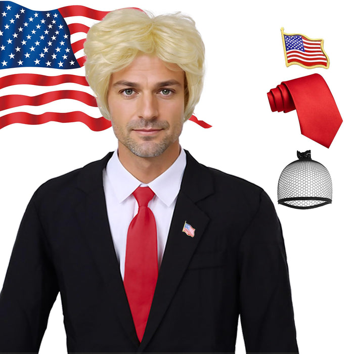 YTbeauty Donald Trump Wig Costume Funny Wigs for Adults Trump Halloween Costumes for Men Women Party Cosplay Synthetic Blonde Donald Wig + Flag Pin + Red Pin