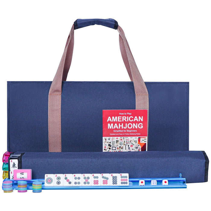 GUSTARIA American Mahjong Game Set, 166 Premium White Tiles, 4 All-in-One Color Rack/Pushers, Complete Mahjongg Set Blue Carrying Bag