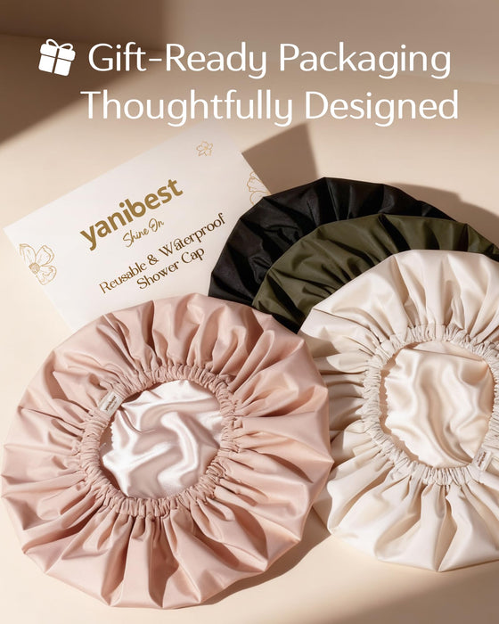 Yanibest Satin Lined Shower Cap for Women Reusable Waterproof, Frizz Free & Large Bath Cap with Soft Elastic Band, Luxury Hair Protection Caps (Black)