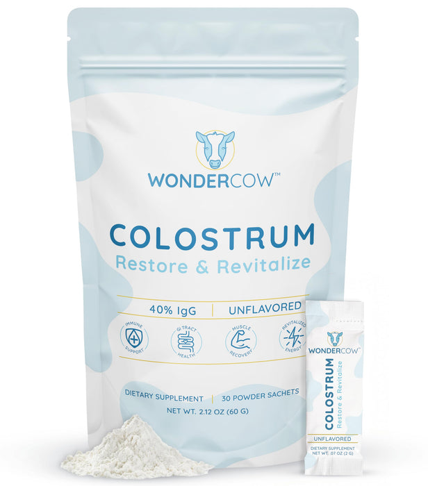 WonderCow Colostrum Powder Supplement for Gut Health, Immune Support, Muscle Recovery & Wellness | 40% IgG Highly Concentrated Pure Bovine Colostrum Superfood, Gluten Free, Unflavored, 30 Servings