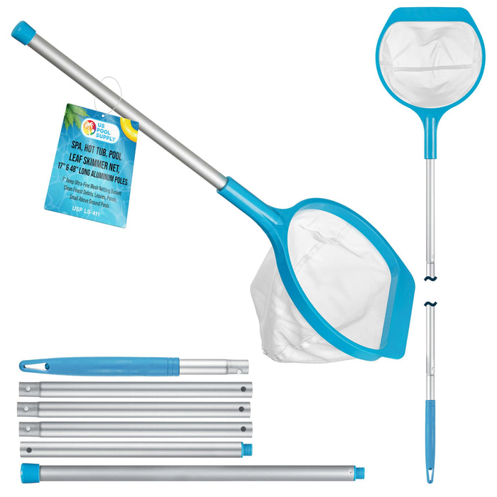 U.S. Pool Supply Spa, Hot Tub, Pool Leaf Skimmer Net, 17" & 48" Long Aluminum Poles - Deep Ultra Fine Mesh Netting, Handheld Pool Cleaning Net, Clean Finest Debris, Leaves, Ponds, Small Above Ground