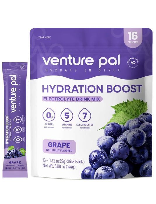 Venture Pal Sugar Free Electrolyte Powder Packets - Liquid Daily IV Drink Mix for Rapid Hydration & Party Recovery | 5 Vitamins & 7 Electrolytes| Keto Friendly | Non-GMO | Certified Vegan | 16 Sticks