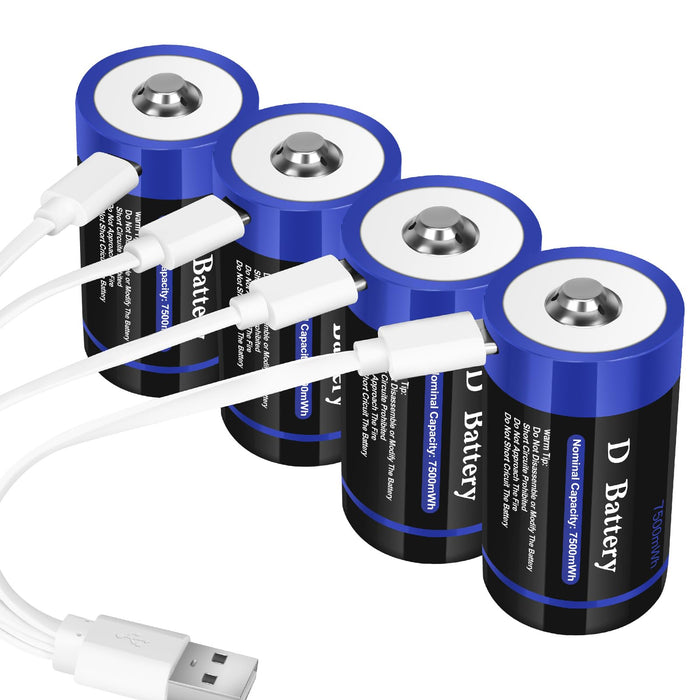 wowpower Rechargeable Lithium D Cell Batteries 7500mWh with USB-C Charging Cable, 1.5v LR20 D Size Battery for Flashlight/Floodliggt & Toys(4 Pack)