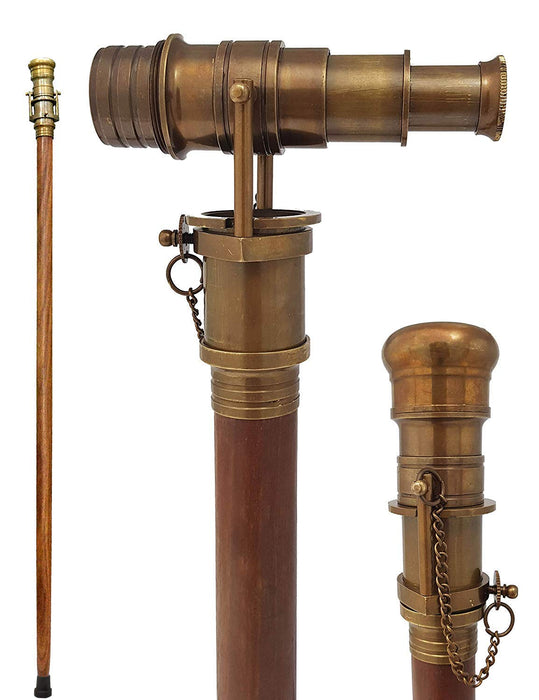 Brass Nautical Telescope Walking Stick Antique Finish Costume Wooden Cane Foldable Rosewood Stick Steampunk Style