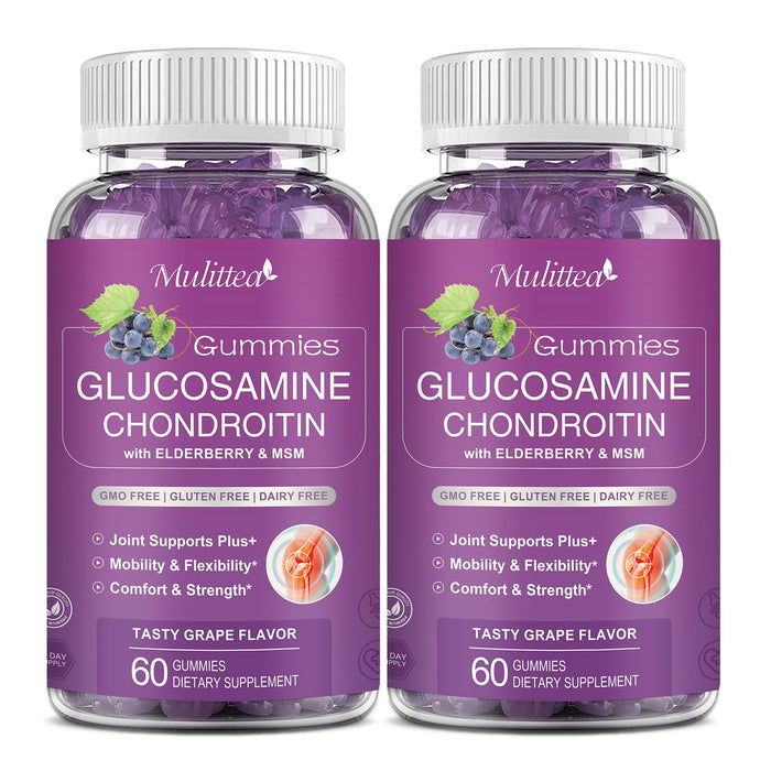 Mulittea Glucosamine Chondroitin Gummies - Extra Strength Joint Support Supplement with MSM & Elderberry for Natural Joint, Antioxidant Immune Support for Adults, Men & Women-Sugar-Free (2 Pack)