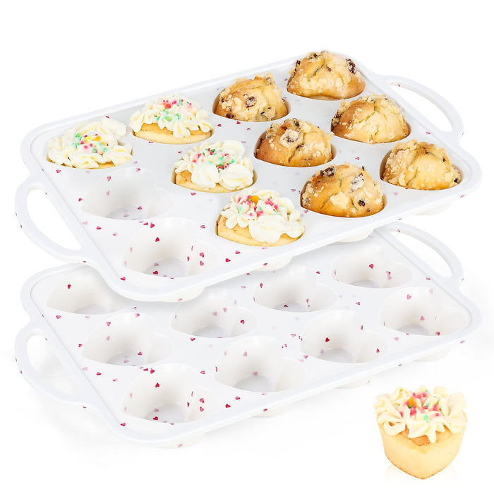 Vinino Silicone Heart Shaped Muffin Pan with Metal Reinforced Frame, 2 Pack Cupcake Pan, Silicone Heart Mold for Baking, Chocolate Bar and Egg Bites, Dishwasher Safe