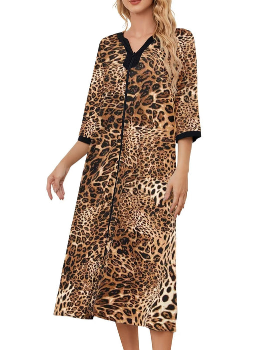 PITINAN Womens House Dress for Elderly Mumu Dresses Women Front Zipper Dresses Grandma Nightgown Lounge Dresses Brown Leopard L