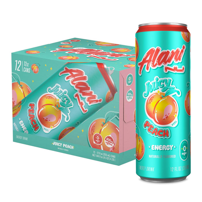 Alani Nu JUICY PEACH Sugar Free, Low Calorie Energy Drinks | 200mg Caffeine | Biotin B Vitamins | Zero Sugar | 10 Calories | 12 Fl Oz Cans | 12 Pack