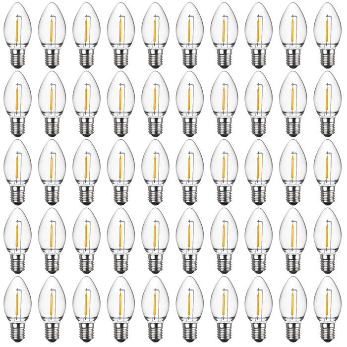 Meconard C7 Led Replacement Christmas Light Bulbs, C7 Shatterproof Led Bulbs for Christmas Outdoor String Lights, E12 Candelabra Base, Commercial Grade Holiday Bulbs, Warm White, 50 Pack