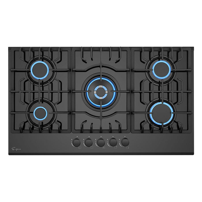 Empava 36 Inch Gas Stove Cooktop 5 Italy Sabaf Sealed Burners NG/LPG Convertible in Black Tempered Glass