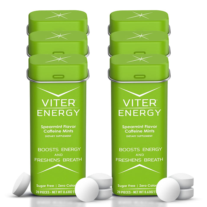 Viter Energy Caffeine Mints (120 Pieces) - 40mg Caffeine, Sugar Free, Vegan Breath Mints, B Vitamin Complex, Energy Caffeine Pills (Spearmint, 6 Pack)