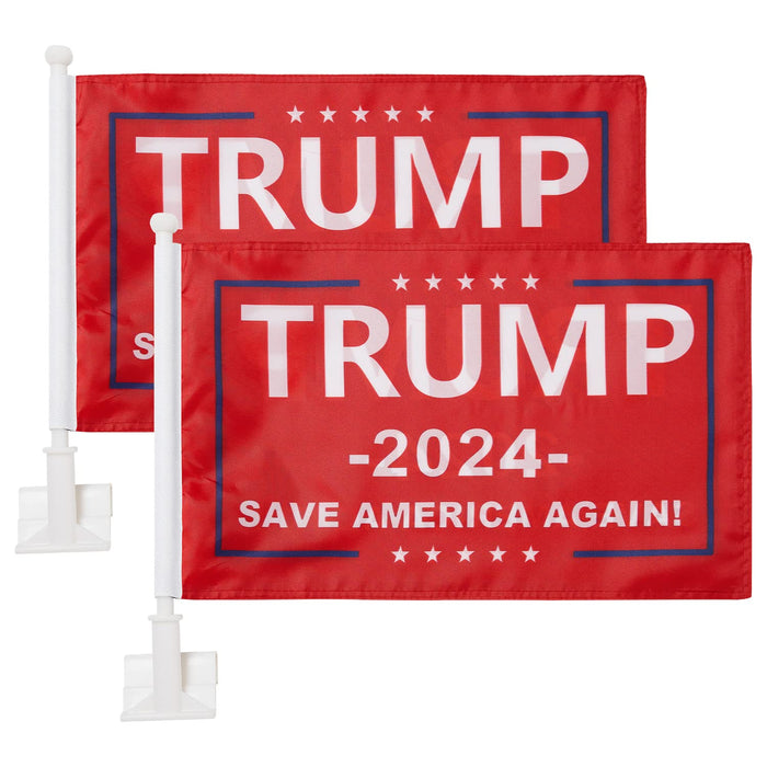 2 Pack Car Flags,Car Flag Donald Trump 2024 Save America Again Flag Outdoor and Car Flag Pole, Car Logo Window Clip Can be Clipped to Most Windows 14 inch Flag Pole and 16 x 10 inch Double Sided Flag