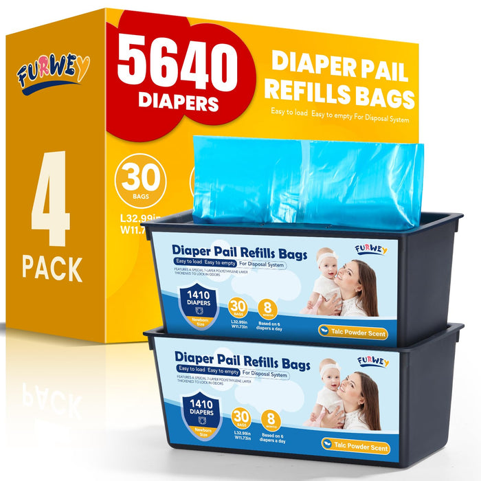 Diaper Pail Refill Bags 30 Bags Per Refill，Compatible with Genie Easy Roll Signature Diaper Pails Holds Up to 5640 Newborn Diapers Talc Powder Scent 7 Layer Odor Barrier,Scented,4PACK (120 Bags)