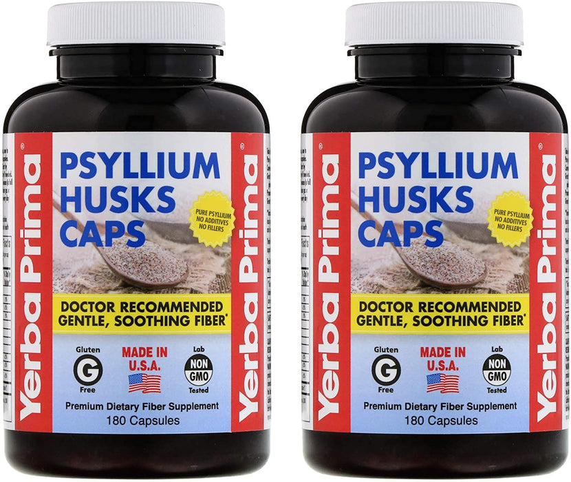 Yerba Prima Psyllium Husks Caps 180 caps (Pack of 2) - Natural Fiber Supplement and Colon Cleanse - Gut Health - Non-GMO Gluten Free