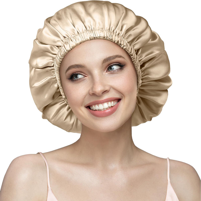 YFONG 22 Momme 100% Mulberry Silk Sleep Cap for Women, Silk Turban, Double Layer Silk Night Bonnet for Sleeping Curly Hair, Adjustable Silk Hair Wrap with Elastic Stay On Head (1Pc, Champagne)