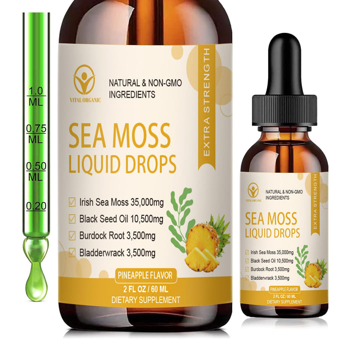 VitalOrganic Sea Moss Liquid Drops, 4 in 1 Irish Sea Moss & Black Seed Oil & Burdock Root & Bladderwrack Supplement for Immune System & Energy, 2 Fl Oz (Pineapple Flavor)