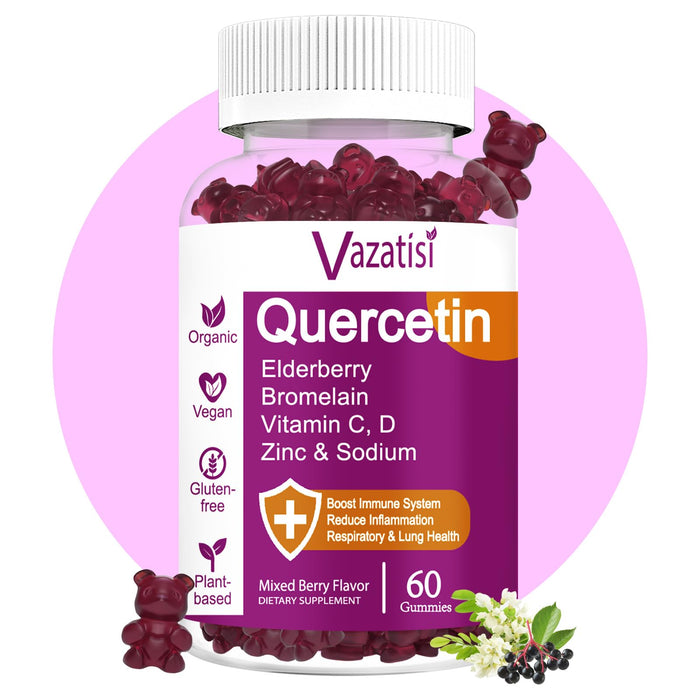 Quercetin Gummies, Organic Quercetin with Vitamin C and Zinc, Bromelain, Elderberry & Vitamin D - Immune Support - 60 Vegan Gummies Chewable