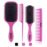 4Pcs Hair Brushes for Women, Hair Comb for Women and Detangling Paddle Brush, Great On Wet or Dry Hair, No More Tangle Hair Brush Set for Straight Long Thick Curly Natural Hair (Pink)