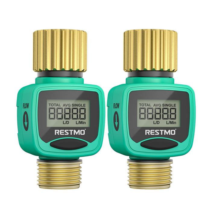 [2 Pack] RESTMO Water Flow Meter, Pure Brass Inlet & Outlet | 4 Measure Modes | Display Gallon/Liter Usage and Flow Rate | Ideal to Outdoor Garden Hose, Lawn Sprinkler Watering, RV Water Tank Filling