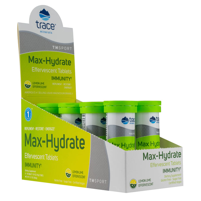 Trace Minerals | MAX Hydrate Immunity | High Performance Electrolyte Fizzing, Immune Support | Magnesium, Sodium, Potassium, Vitamin C Non GMO | Lemon Lime | 8 Tubes of 10 Tablets