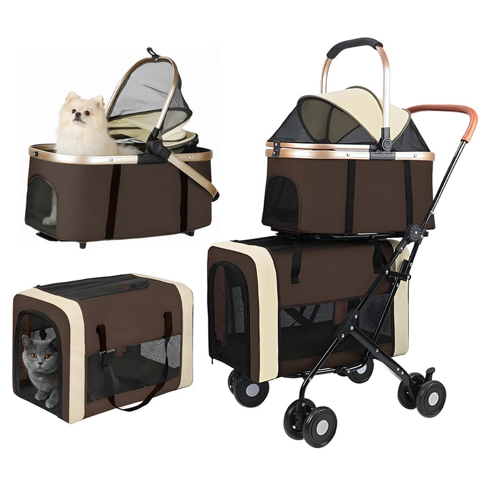 Beuway Double Pet Stroller for Dogs and Cats, One-Step Folding Dog Stroller Travel Carriage for Small Medium Dogs Cats, 2 Detachable Carrier Bags, 4 Lockable Wheels (Brown)