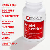 Protocol Acetyl-L-Carnitine 500mg - Supports Energy, Brain & Mitochondrial Health* - Brain Pills - Amino Acid - Made without Gluten, Non-GMO, Vegan - 100 Veg Caps