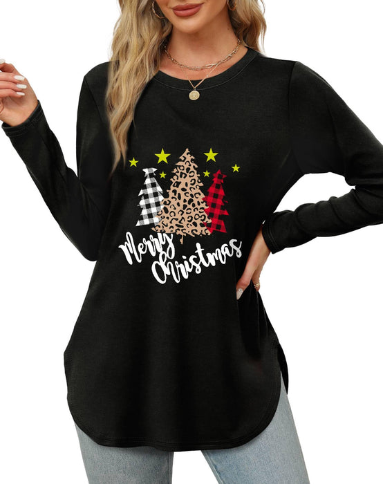 XIEERDUO Christmas Shirts for Women Black Long Sleeve Tops Crewneck Basic Tunic Tops Loose Fit Dressy L