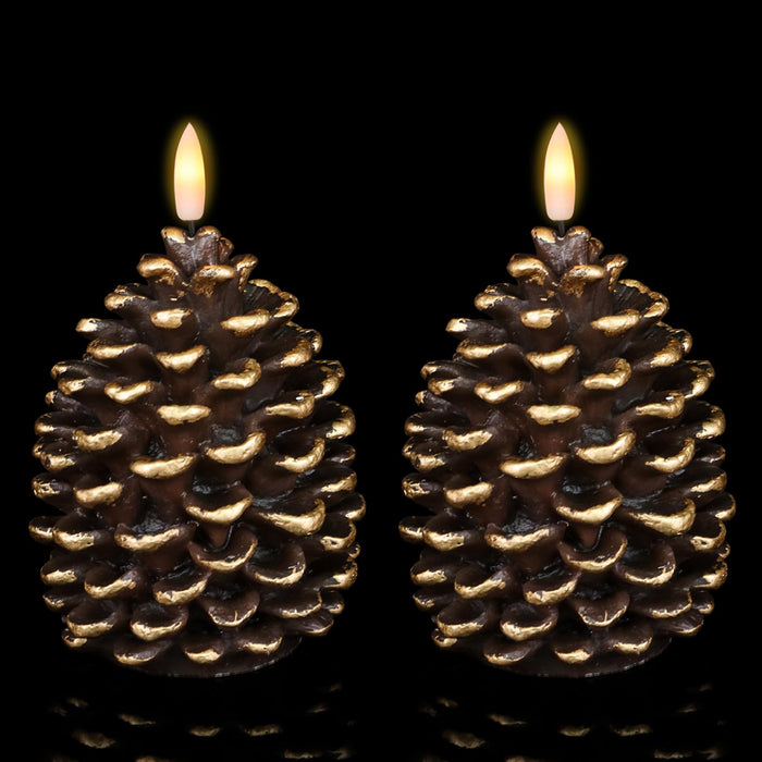 Wondise Flameless Candles with Timer, Battery Operated Flickering 3D Wick Real Wax Pine Cone Candles for Christmas Indoor Decoration, Set of 2, Brown(D3.5 x H6 Inch)