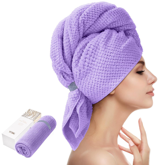 YFONG X-Large Microfiber Hair Towel Wrap for Women, Soft Hair Drying Towel with Elastic Band, Fast Drying Hair Turbans for Wet Curly Long Hair, Microfiber Towel for Hair Anti Frizz 30" X 40" (Purple)