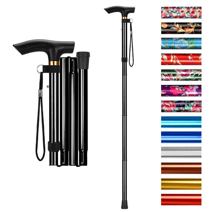 supregear Folding Cane, 5-Level Adjustable Height Walking Stick Lightweight Portable Cane Travel Cane with Wrist Strap and T Handle for Elderly Disabled Men Women, Black