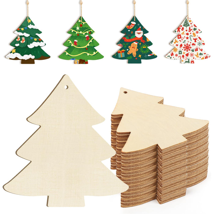 Wooden Christmas Tree Ornaments to Paint Christmas Thanksgiving Decoration Cutouts Unfinished 24PCS 3.5 x 3 inches, DIY Blank Unfinished Christmas Tree Wood Discs Ornament for Home Crafts Hanging