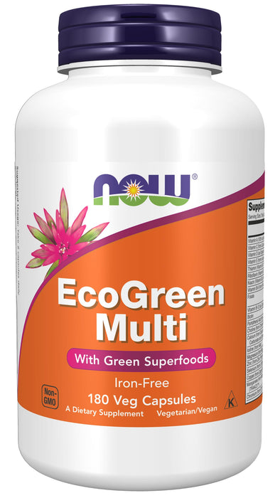 NOW Supplements, EcoGreen Multi Vitamin with Green Superfoods, Iron-Free 180 Veg Capsules