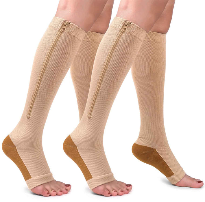 2 Pairs Copper Compression Socks Toe Open Leg Support Stocking Knee High Socks with Zipper