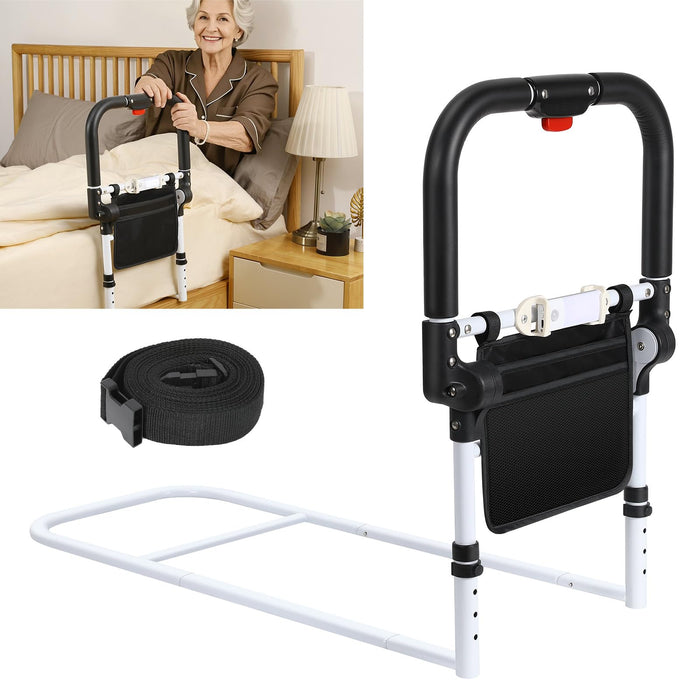 Roylvan Bed Rails for Elderly Adults Safety with Foldable Non-Slip Handle, Adjustable Bed Assist Rails for Seniors, Handicap, Disable, Bed Assist Handle with Motion Light, Storage Pocket, White/Black