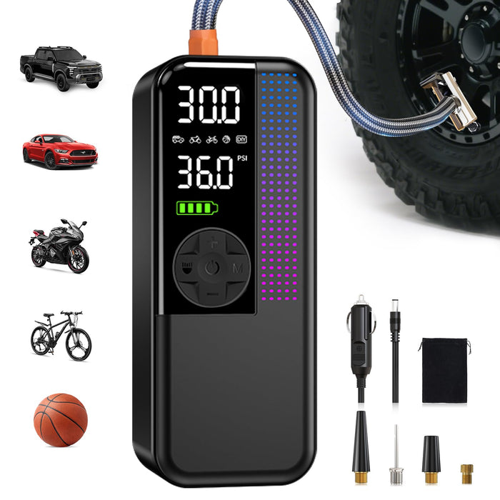 WEOLULI Tire Inflator Portable Air Compressor,150 PSI Cordless Air Pump, 12V DC Car Plug,Dual Power 10000mAh, Fast Inflation 24L/Min, 4 Preset Modes for Car, Bike, Motorcycle, Balls (Black, 10000mAh)