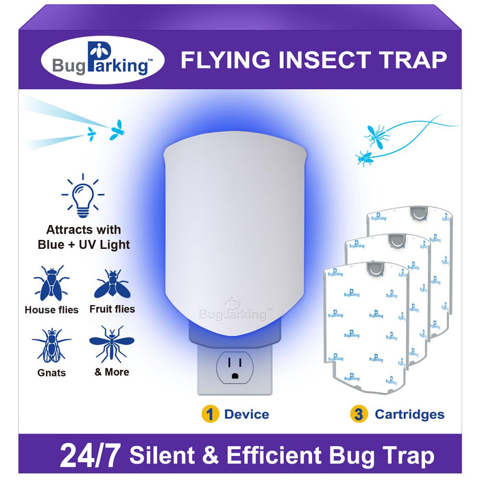 Bug Parking Flying Insect Trap, Plug-in UV Light for Gnats, Fruit Flies and Houseflies, Silent Sticky Catcher for Indoor Use, 1 Device & 3 Refills