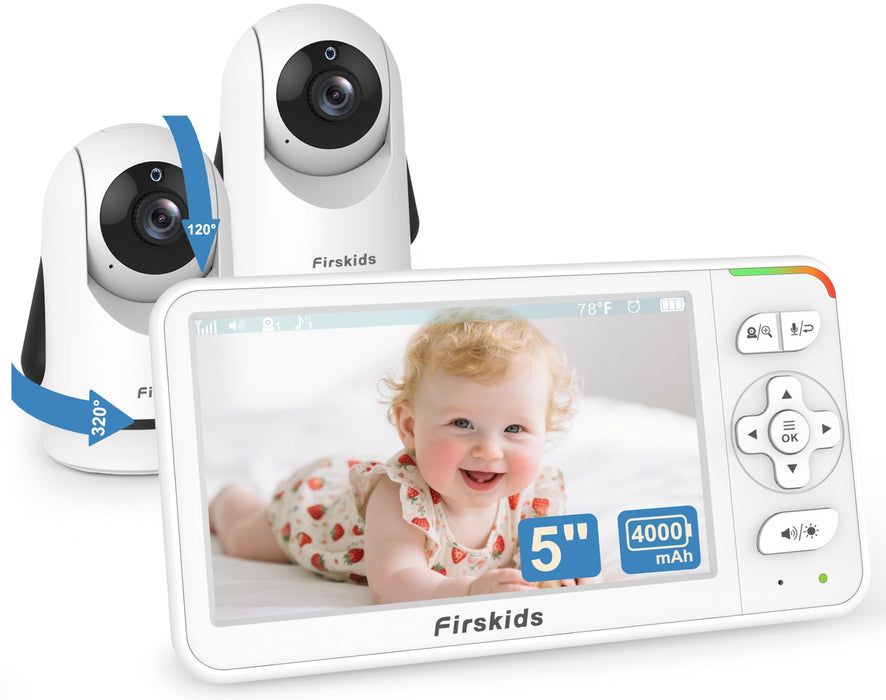 Baby Monitor with 2 Cameras, 5” Video Baby Monitor with Dual Camera and Audio no WiFi, 32-Hour Battery, 2 Way Talk, Temperature Sensor, Auto Night Vision, Ideal for Monitor Baby and Elderly