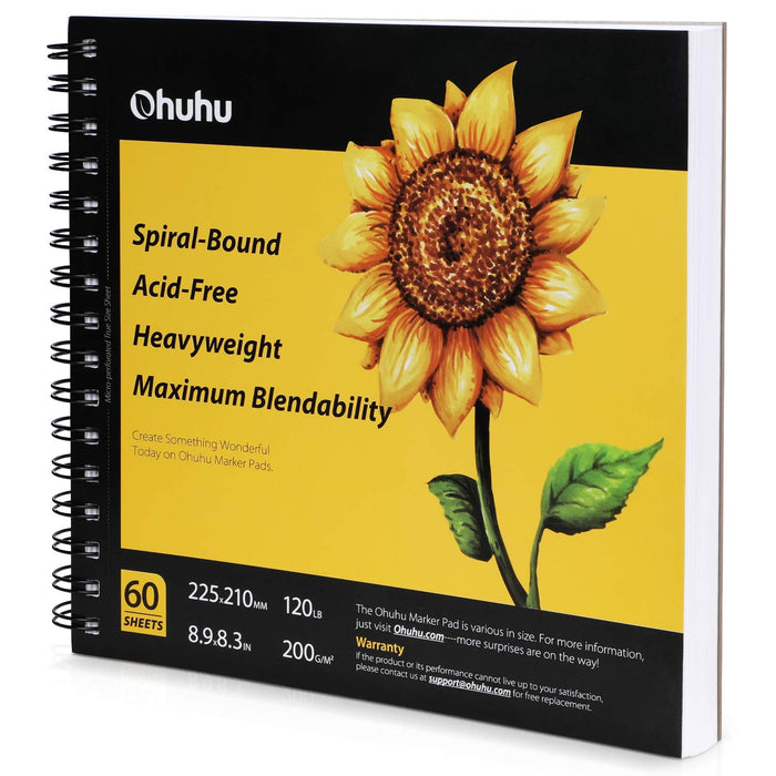 Art Marker Paper Pad, Ohuhu 8.9"x8.3" Portable Square Size, 120 LB/200 GSM Drawing Papers, 60 Sheets/120 Pages, Spiral Bound Drawing Book for Alcohol Markers Christmas Gift