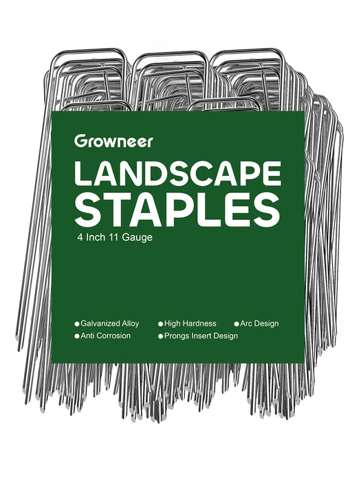 GROWNEER 100 Pack Landscape Staples 4 Inch 11 Gauge Heavy Duty Hot-Dip Galvanized Steel Garden Stakes U-Shaped Weed Barrier Spikes Metal Ground Pins for Lawn and Yard Landscaping