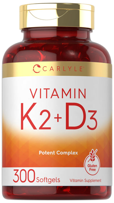 Carlyle Vitamin K2 and D3 Supplement | 300 Softgels | 200mcg K2 MK7 & 250mcg D3 | Non-GMO, Gluten Free