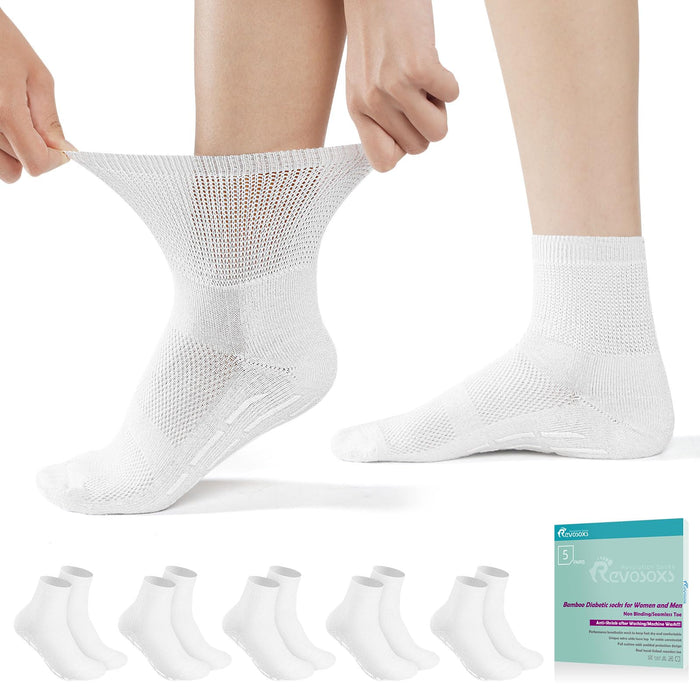 Revosoxs Diabetic Socks for Women Men,5 pairs Non Binding Diabetic Ankle Socks with grips,Extra Width Stretchy Loose Seamless Socks(5 pair white-Medium)