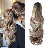 FELENDY Ponytail Extension Claw 18" 20" Curly Wavy Straight Clip in Hairpiece One Piece A Jaw Long Pony Tails for Women Dark Brown Mix Ombre Blonde