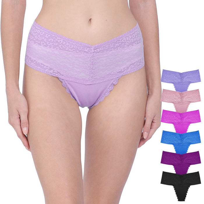 WKFIINM Pack 6 High Waisted Lace Thong for Women Cotton Underwear Plus Size High Rise Retro Tummy Control Thongs Panties